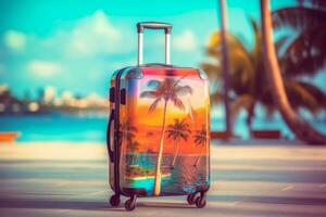 One travel suitcase ready for journey. Tropical beach with sunny sea and palm leafs in background. Generative AI photo