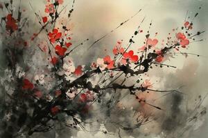 Cherry blossom tree in traditional Japanese painting Sumi-e ink art. AI generative. photo