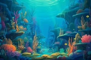 Illustration underwater scene with coral reef and exotic fish. Generative Ai photo