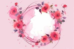 Illustration of Valentine s Day Frame with Pink Watercolor Flowers. Generative AI. photo