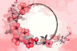 Illustration of Valentine s Day Frame with Pink Watercolor Flowers. Generative AI. photo