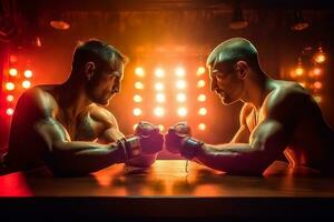 Two muscular men playing arm wrestling illuminated by two colored spotlights. Generative AI photo