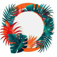 White circle surrounding by colorful vector palms and monstera leaves. Generative Ai photo
