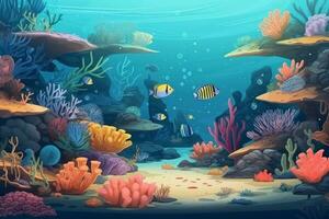 Illustration underwater scene with coral reef and exotic fish. Generative Ai photo