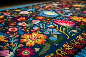 Vibrant hand made quilts with stylized Hungarian motifs like flowers, birds or village scenes. Focus on the handcrafted textiles that bring Hungarian folk designs into homes. Generative AI photo