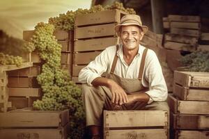 Photo of a happy vineyard owner leaning on a stack of wooden boxes full of grapes while smiling. Generative AI