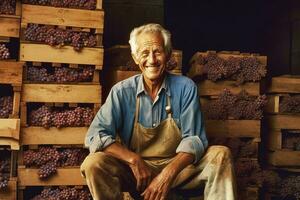 Photo of a happy vineyard owner leaning on a stack of wooden boxes full of grapes while smiling. Generative AI