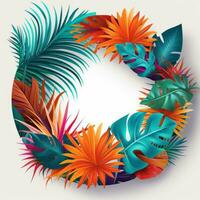 White circle surrounding by colorful vector palms and monstera leaves. Generative Ai photo