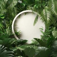 White circle surrounding by palms and monstera leaves. Concept for print, web, banner. Generative Ai photo