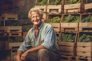 Photo of a happy vineyard owner leaning on a stack of wooden boxes full of grapes while smiling. Generative AI