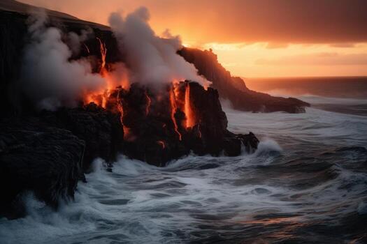 Volcanic cliffs jutting up from churning ocean waves, with lava flows spilling into the sea and smoke billowing upwards into a vibrant sunset sky.. Generative AI photo