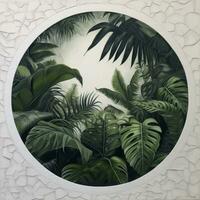 White circle surrounding by palms and monstera leaves. Concept for print, web, banner. Generative Ai photo