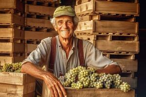 Photo of a happy vineyard owner leaning on a stack of wooden boxes full of grapes while smiling. Generative AI