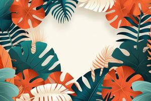 White rectangle surrounding by colorful vector palms and monstera leaves.Concept for wall decor, wallpaper, poster, card, mural, carpet, hanging, print. Generative Ai photo