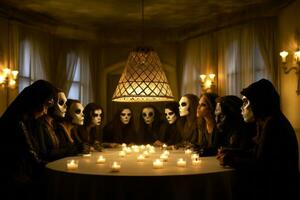 Candle-lit room with a group of masked individuals engaged in a secret gathering, creating an air of intrigue and suspense. Generative Ai photo