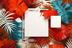 White rectangle surrounding by colorful vector palms and monstera leaves.Concept for wall decor, wallpaper, poster, card, mural, carpet, hanging, print. Generative Ai photo