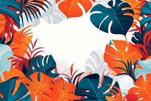 White rectangle surrounding by colorful vector palms and monstera leaves.Concept for wall decor, wallpaper, poster, card, mural, carpet, hanging, print. Generative Ai photo