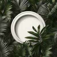 White circle surrounding by palms and monstera leaves. Concept for print, web, banner. Generative Ai photo