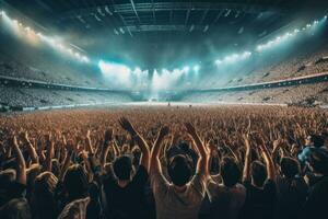 Wide-angle shot of a packed stadium during a concert with a sea of hands raised in the air. Generative Ai photo