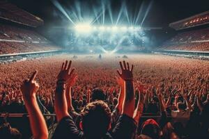 Wide-angle shot of a packed stadium during a concert with a sea of hands raised in the air. Generative Ai photo