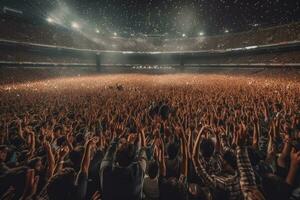 Wide-angle shot of a packed stadium during a concert with a sea of hands raised in the air. Generative Ai photo