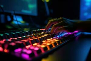 Close up on fingers working on a neon computer keyboard with colored backlighting. Computer video games, hacking, technology, internet concept. Generative AI photo