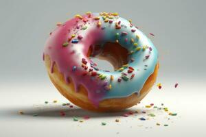 Colorful donut flying and dropping onto a white glossy background. Generative Ai photo