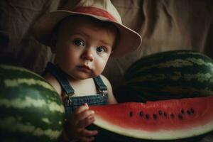 Baby cowboy holding watermelon with american flag on background. Generative AI photo