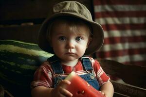 Baby cowboy holding watermelon with american flag on background. Generative AI photo
