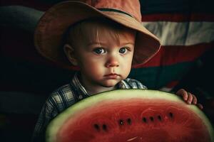 Baby cowboy holding watermelon with american flag on background. Generative AI photo