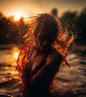 A girl splashing water on her body and face in water at sunset during summer vacation. Healthy happiness lifestyle. Generative AI photo