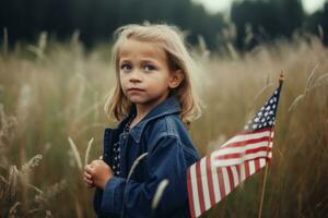 Portrait of a cute little girl standing in a field with an American flag. Independence Day, Flag Day concept. Generative AI photo