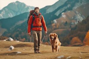Man with a backpack hiking with his beautiful dog in the mountains. Concept a sense of adventure and freedom. Generative Ai photo