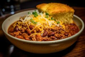 A hearty bowl of chili with tender pulled pork, kidney beans, and diced tomatoes. The chili is topped with shredded cheddar cheese and served with a side of cornbread.Generative AI. photo