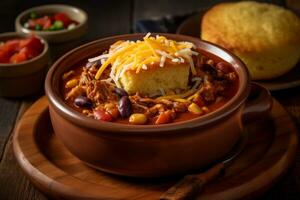 A hearty bowl of chili with tender pulled pork, kidney beans, and diced tomatoes. The chili is topped with shredded cheddar cheese and served with a side of cornbread.Generative AI. photo