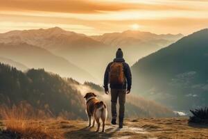 Man with a backpack hiking with his beautiful dog in the mountains. Concept a sense of adventure and freedom. Generative Ai photo
