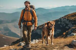 Man with a backpack hiking with his beautiful dog in the mountains. Concept a sense of adventure and freedom. Generative Ai photo