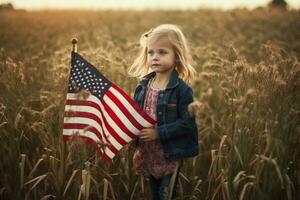 Portrait of a cute little girl standing in a field with an American flag. Independence Day, Flag Day concept. Generative AI photo