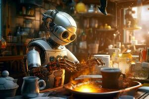 A robot chef , cooking in a kitchen and showcasing culinary skills. Generative AI photo