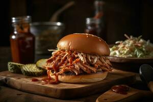 A succulent pulled pork sandwich with a generous amount of tangy barbecue sauce. The sandwich is served on a toasted bun with a side of coleslaw and a pickle. Generative AI. photo