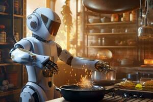 A robot chef , cooking in a kitchen and showcasing culinary skills. Generative AI photo