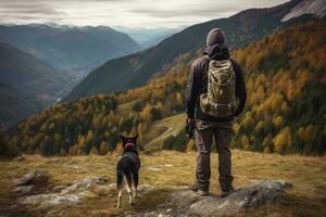 Man with a backpack hiking with his beautiful dog in the mountains. Concept a sense of adventure and freedom. Generative Ai photo