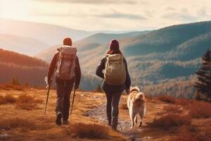 Couple with a backpack hiking with his beautiful dog in the mountains. Concept a sense of adventure and freedom. Generative Ai photo