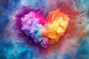 Abstract background with heart in rainbow colors, rainbow explosion powder. Generative AI photo