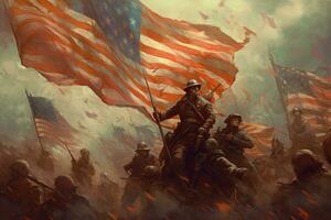 Illustration of American Marines over American flag in vintage style art. Generative AI photo