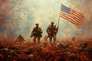 Illustration of American Marines over American flag in vintage style art. Generative AI photo