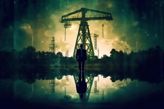 An oil well with the silhouette of a person in a business suit standing in front of it, double exposure style. Generative AI photo