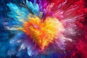 Abstract background with heart in rainbow colors, rainbow explosion powder. Generative AI photo