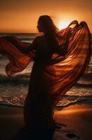 A young woman is holding a long veil at sunset at a beach. Generative AI photo