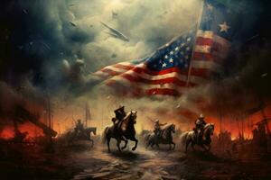 Illustration of American Marines over American flag in vintage style art. Generative AI photo